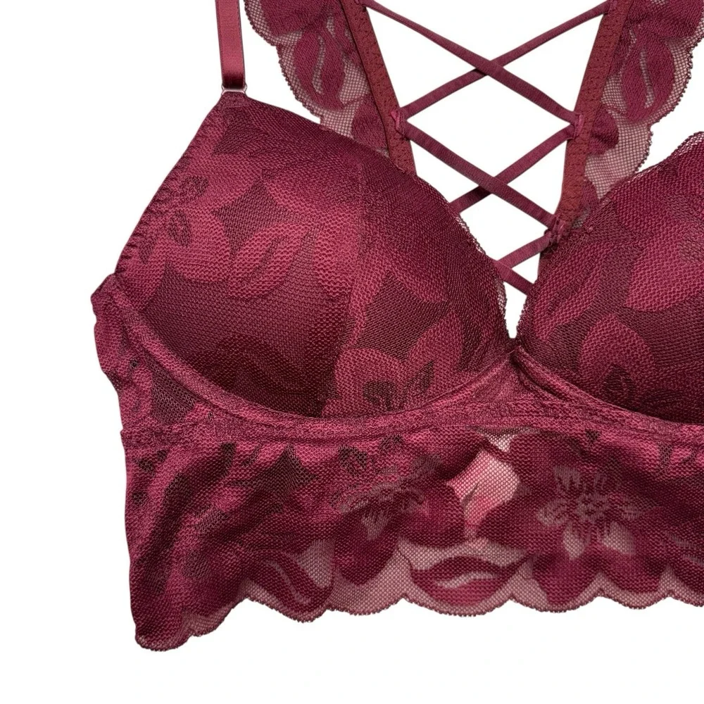 Victoria Secret PINK Bra Small Burgundy Push Up Lace Floral Fairy Whimsical